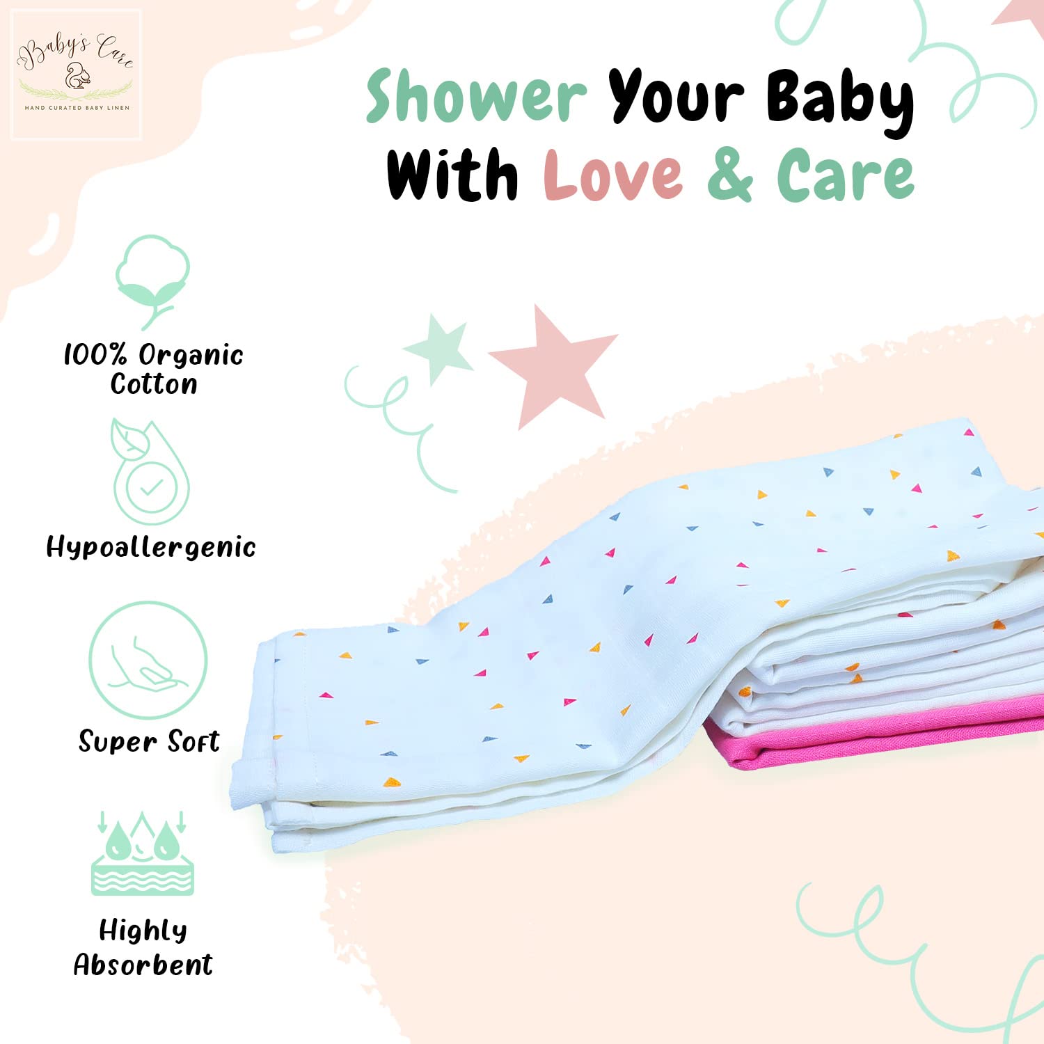 BABYS CARE Muslin Burp Cloth Pack of 5 | 100% Organic Cotton | Versatile Use Washcloth Face Cloth Cleaning Mess | Lightweight Baby Towel | Handy for Changing Cleaning Feeding Baby | 26"x26" | Rainbow - Image 4